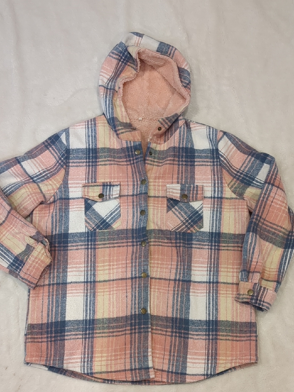 Plaid Hooded Shacket Jacket - Pink & Blue